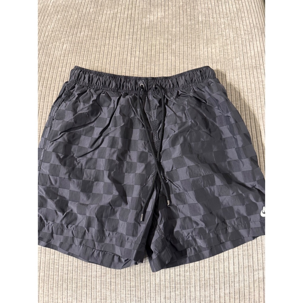 Nike Sportswear Men Black/D Gray Checkered Woven Shorts Size M Nylon Drawstring